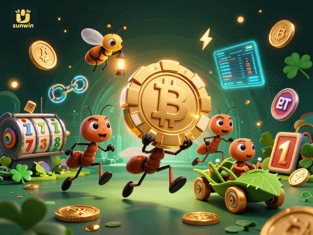 Engage with sunwin's thrilling casino action featuring ants on a poker heist amidst gold coins.