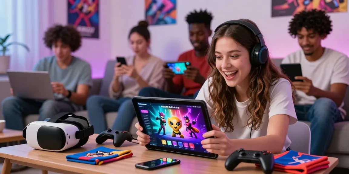 Engaging scene with diverse players enjoying free sex games on laptops and tablets in a cozy gaming lounge.