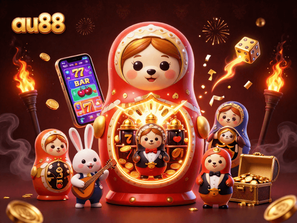 Engage with the vibrant 3D illustration showcasing au88's thrilling online gambling experience.