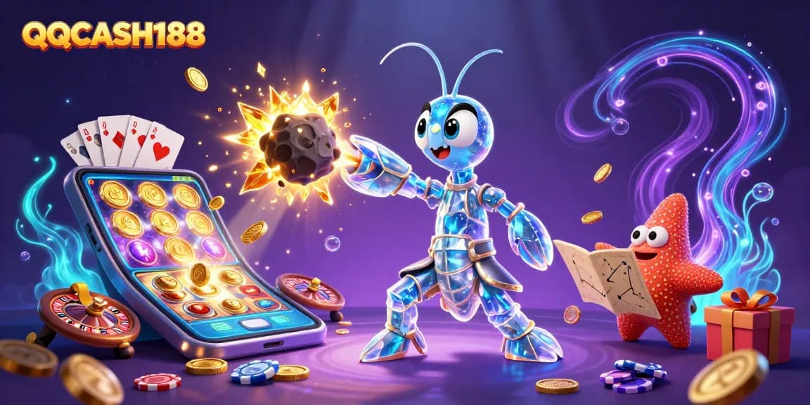 QQCASH188 showcases a 3D samurai mantis shrimp amidst vibrant casino elements, embodying online gaming excitement.