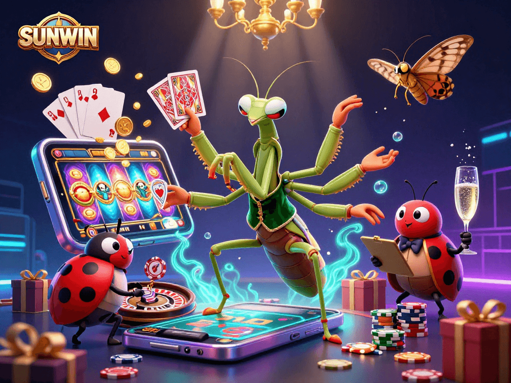 SUNWIN showcases a vibrant gambling scene with a giant card sharp and ladybug pit boss engaging in exciting casino activities.