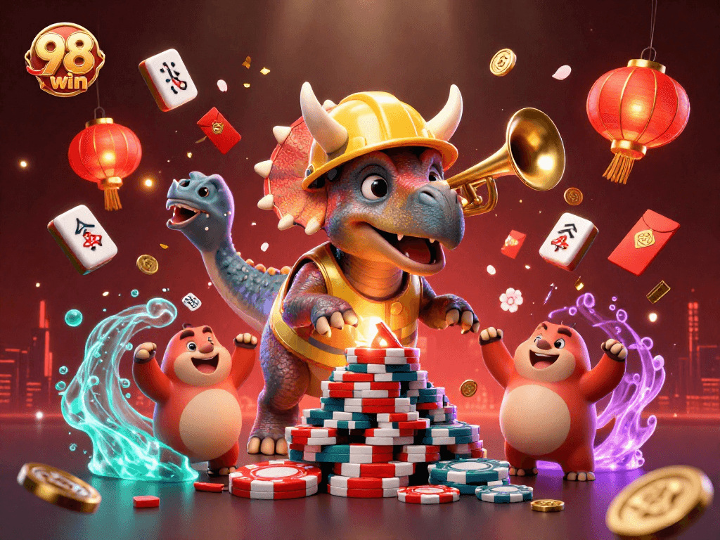 Join the excitement at 98 win with a vibrant casino-themed celebration featuring animated characters.