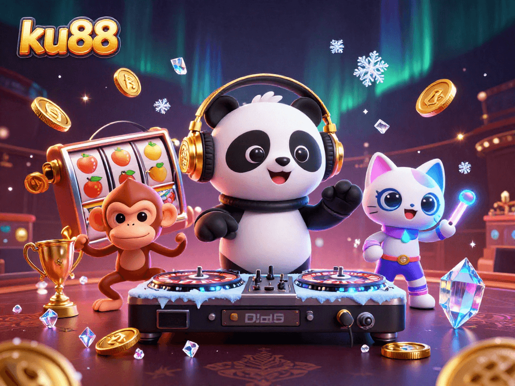 Engage with ku88's vibrant casino scene featuring a DJ panda, breakdancing monkey, and lively kitten.
