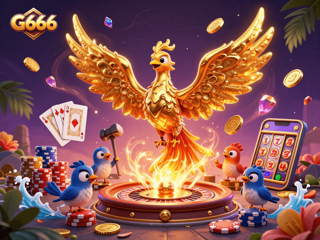 G666 players engage in thrilling gameplay with a golden phoenix amidst vibrant casino elements.