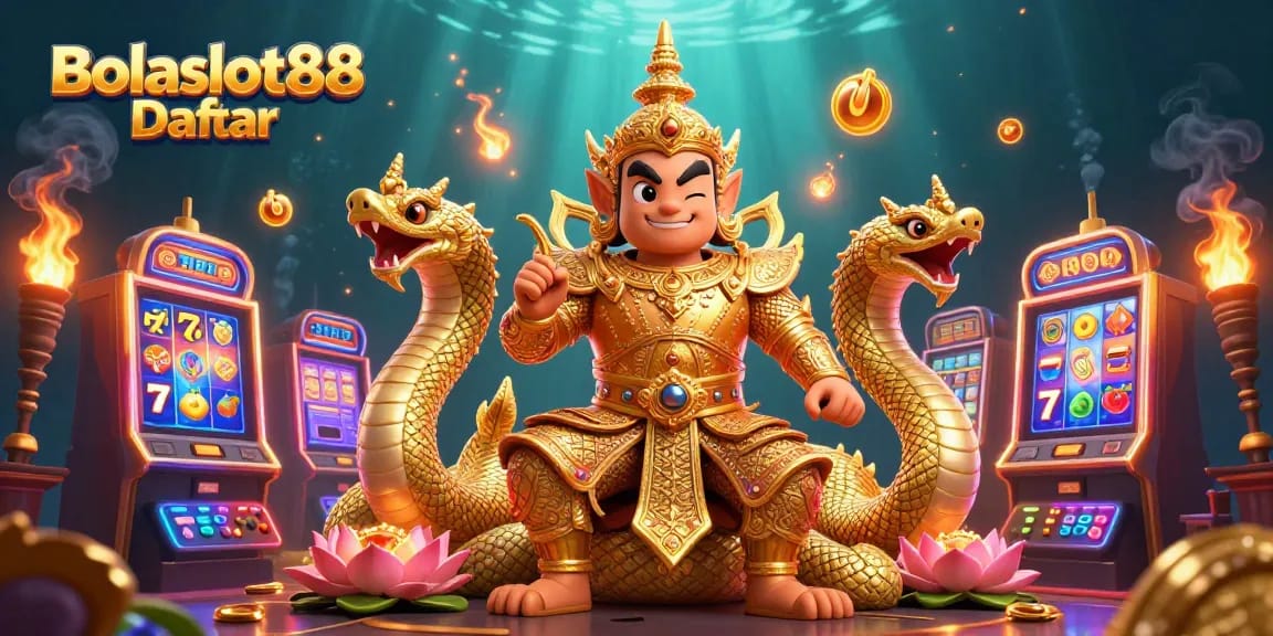 Bolaslot88 Daftar showcases vibrant slot machines, golden guardians, and lively gaming icons in a captivating casino scene.
