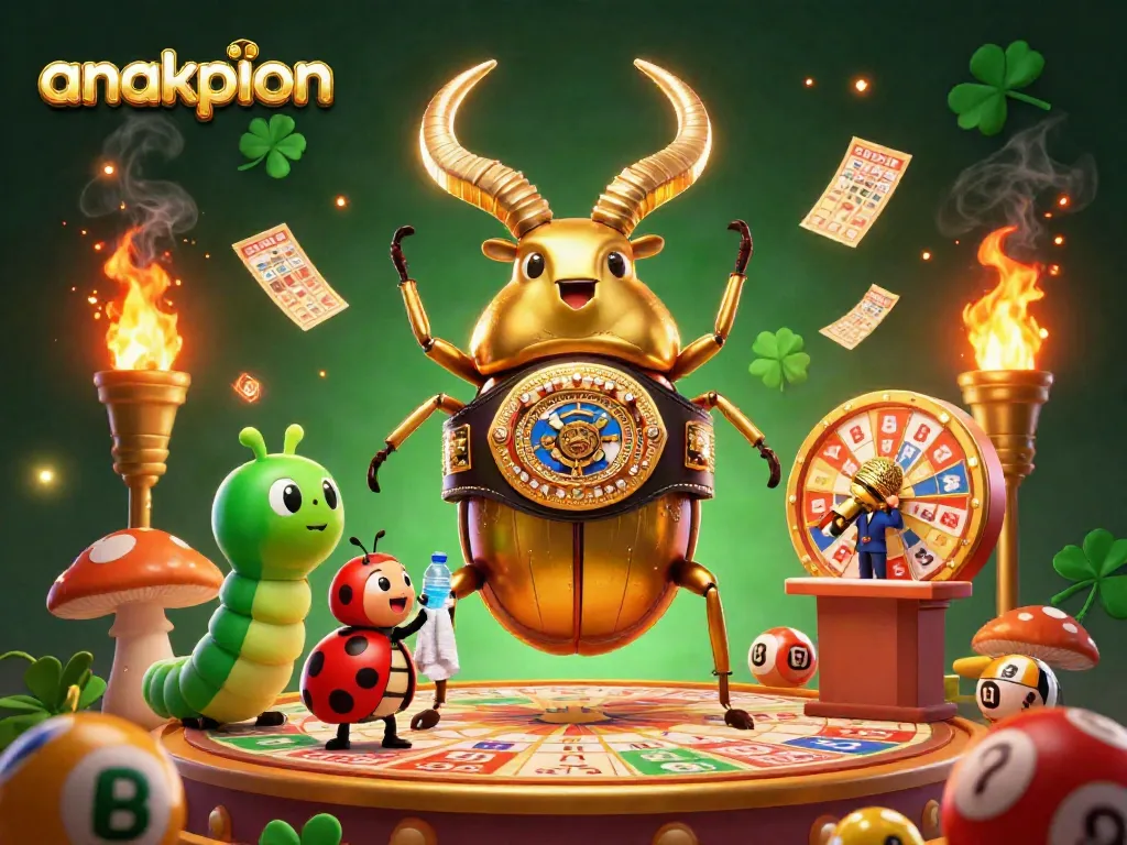 Experience the excitement of lottery games with anakpion as a golden stag beetle champion faces a colorful bingo scene.