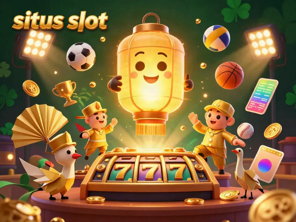 Experience the thrill of situs slot through a vibrant 3D casino scene filled with lively characters and slot gaming elements.
