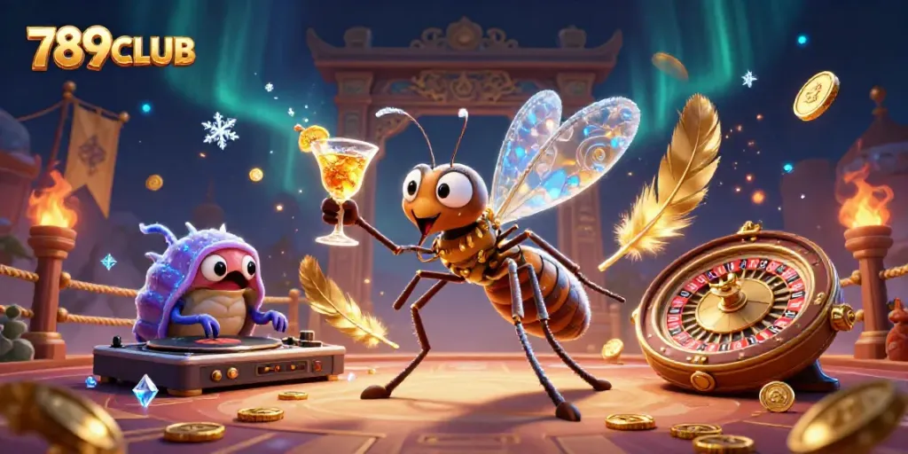Experience thrilling action with 789CLUB featuring unique casino mascots and games in this vibrant illustration.