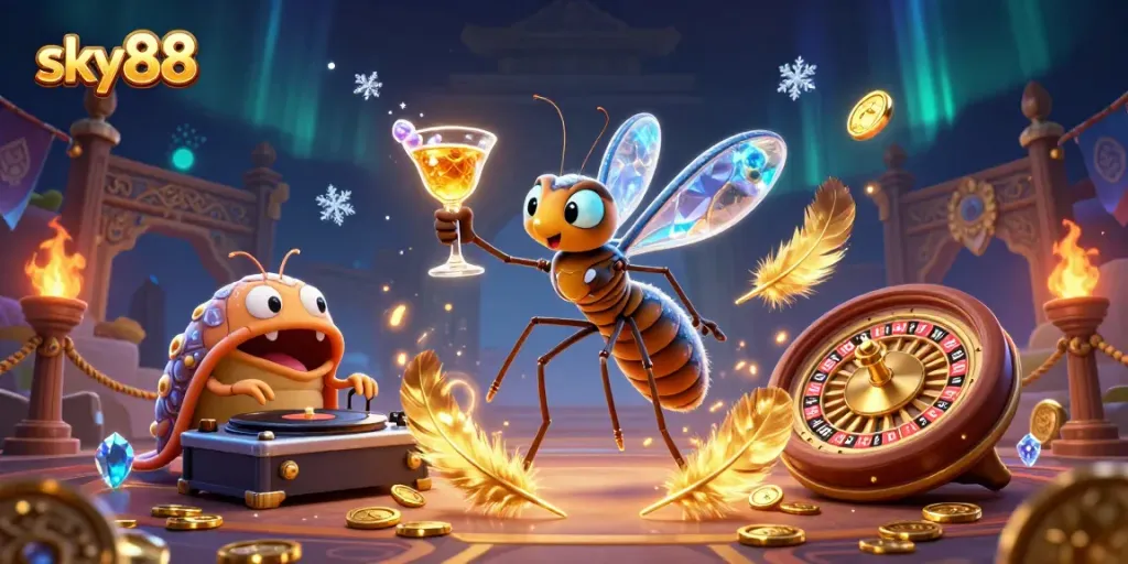 Experience thrilling gameplay with sky88's vibrant 3D rendering featuring unique casino characters and elements.