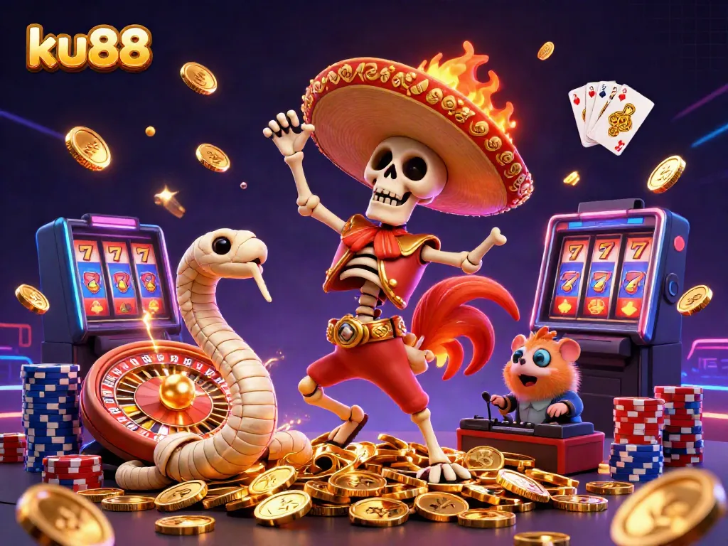 Celebrate with ku88's vibrant casino scene featuring cartoon characters dancing amid sparkling gems and golden coins.