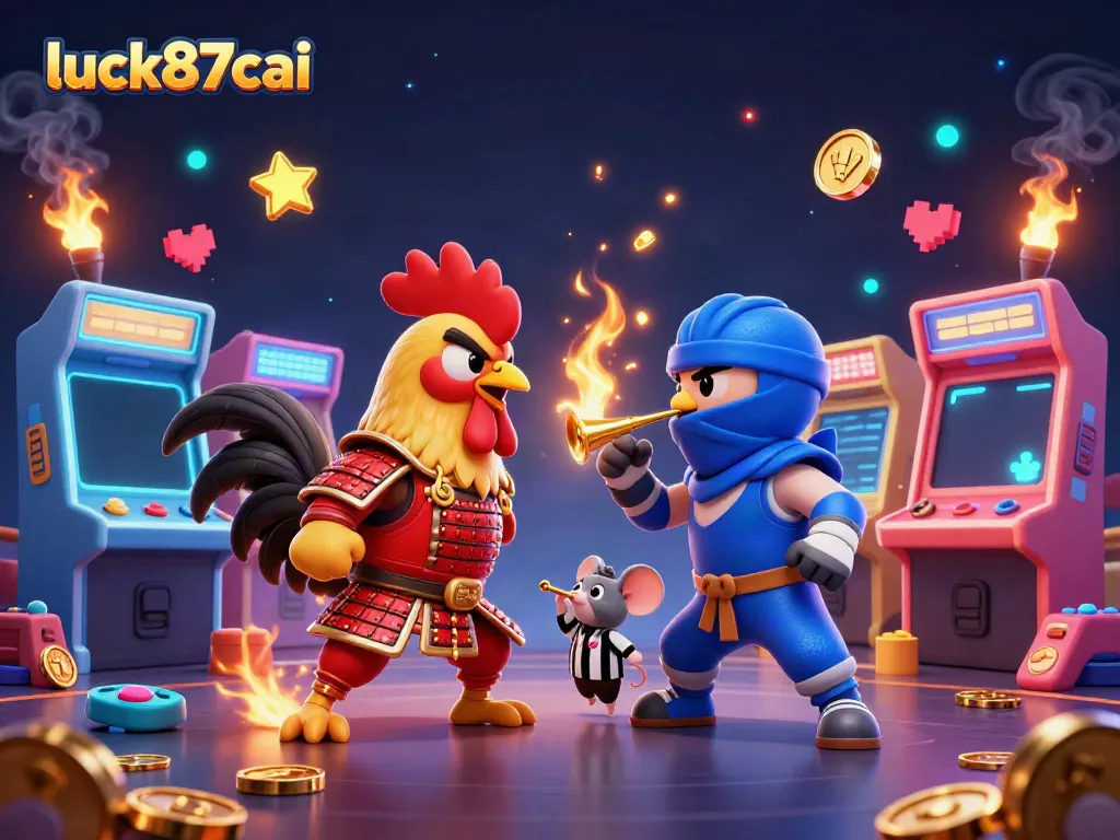 Exciting scene of luck87cai's animated roosters battling with arcade game elements, showcasing casino vibrancy.
