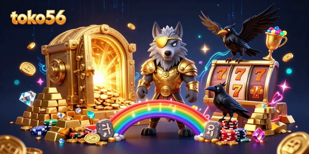 Experience the thrill of gaming with toko56 amid vibrant casino elements, featuring Odin and ravens.