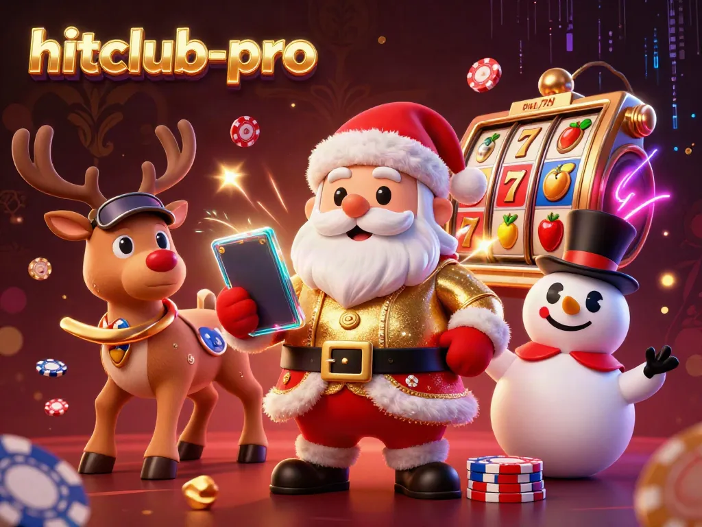 Hitclub-pro showcases a festive casino scene with Santa and friends celebrating jackpots and excitement.