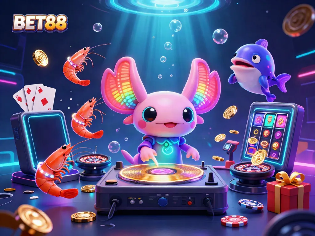 Experience BET88 excitement with a neon-colored axolotl DJ spinning golden records surrounded by vibrant slot games and animated sea creatures.