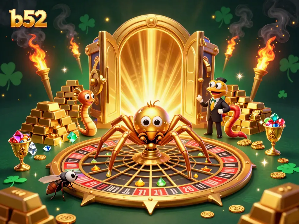 Engaging scene with a b52-themed casino illustration, featuring a golden spider and playful elements.