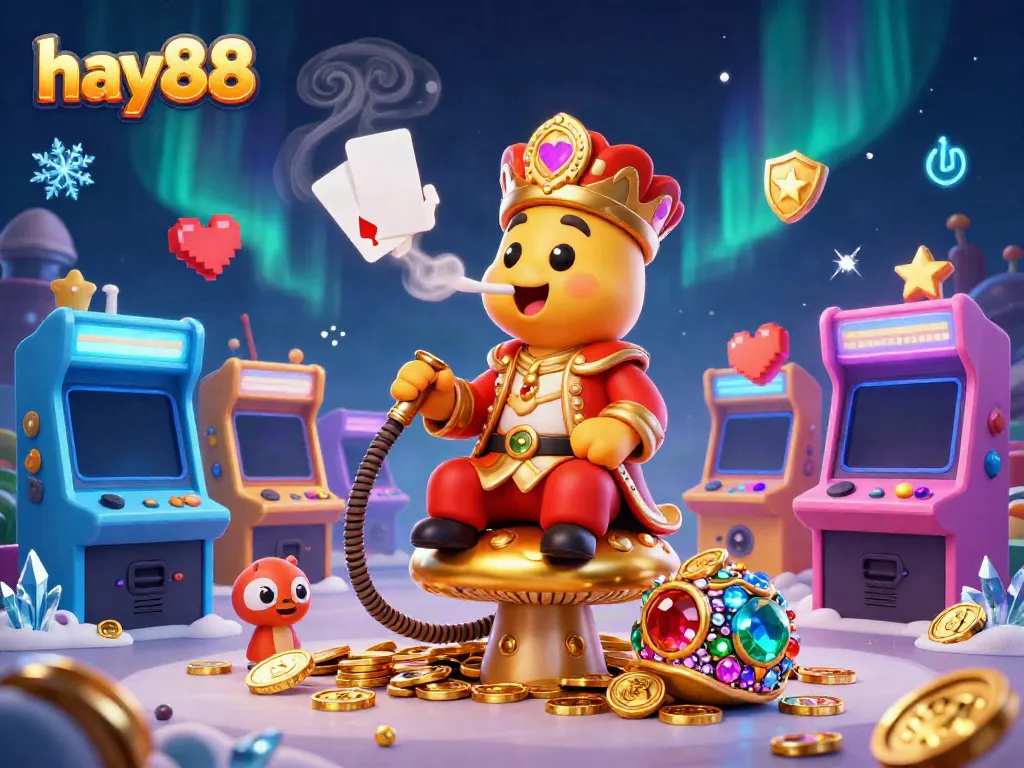 Experience the excitement of hay88 with a vibrant 3D illustration showcasing a caterpillar dealer in a casino-themed scene filled with game elements.