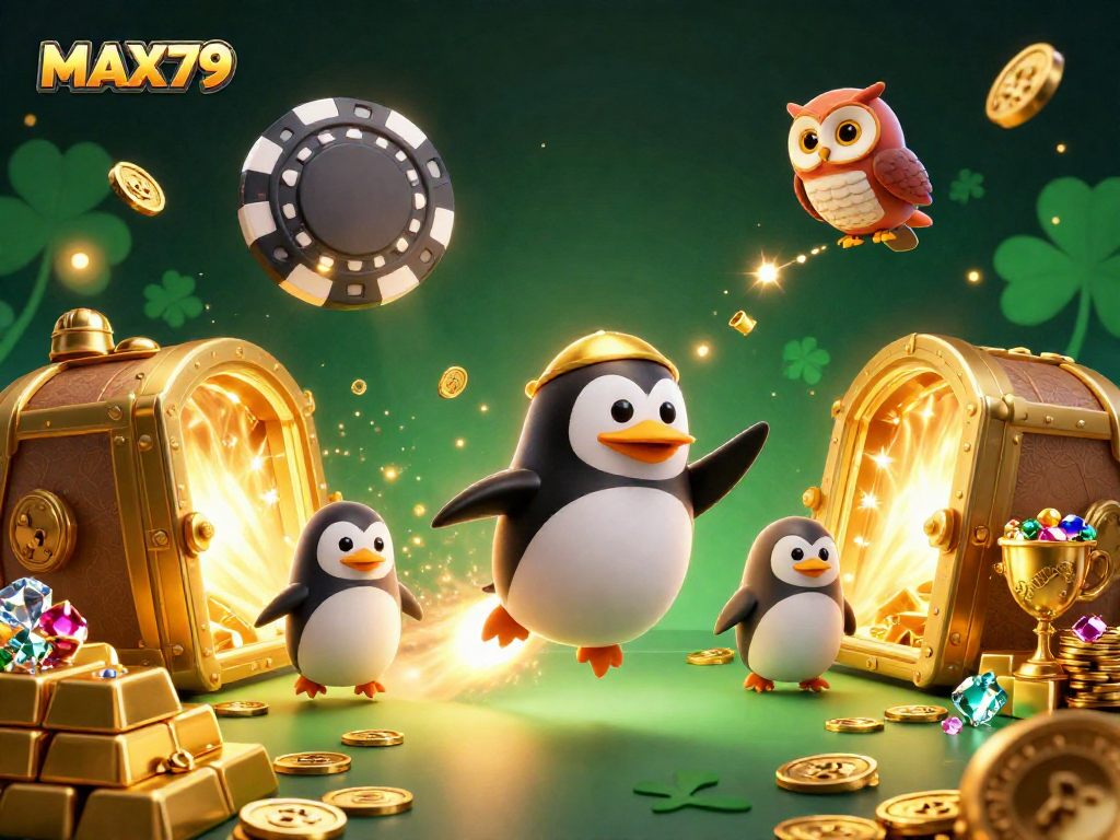 Experience thrilling action with MAX79 as a golden penguin navigates through treasure-filled space.