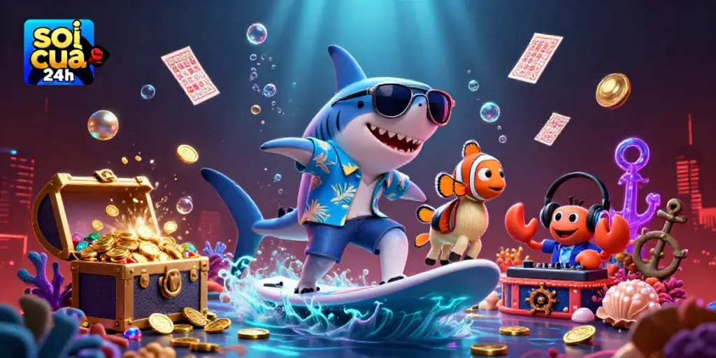 Soi cầu 24h offers an exciting 3D representation of a shark surfing gold coins amidst vibrant underwater elements and bingo cards.