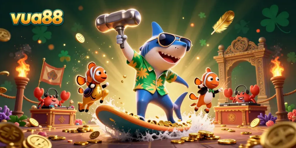 Engage with the vibrant scene of vua88 featuring a cartoon hammer-head shark and friends, celebrating online gaming.