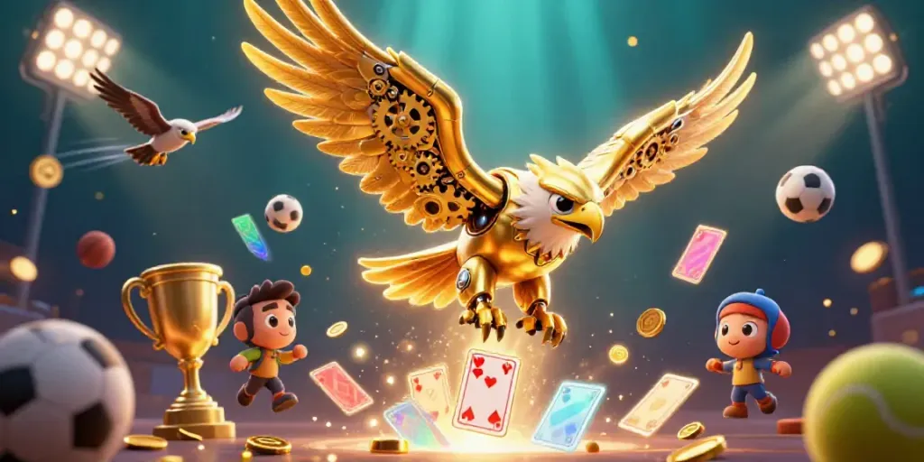 SUNWIN showcases an exciting dive of a cybernetic eagle amid holographic cards, enhancing the thrill of betting.