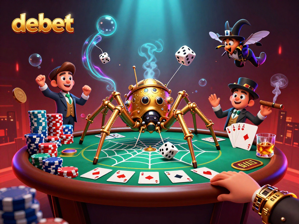 Engage with debet as a steampunk spider weaves a golden web around poker elements.