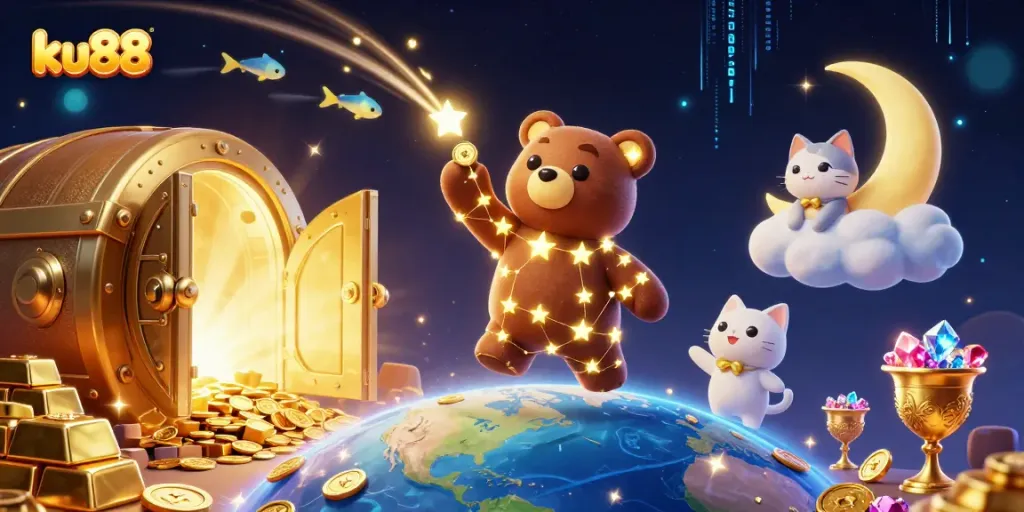 Win big at ku88 with a celestial 3D casino scene overflowing with treasures and cosmic wonders.