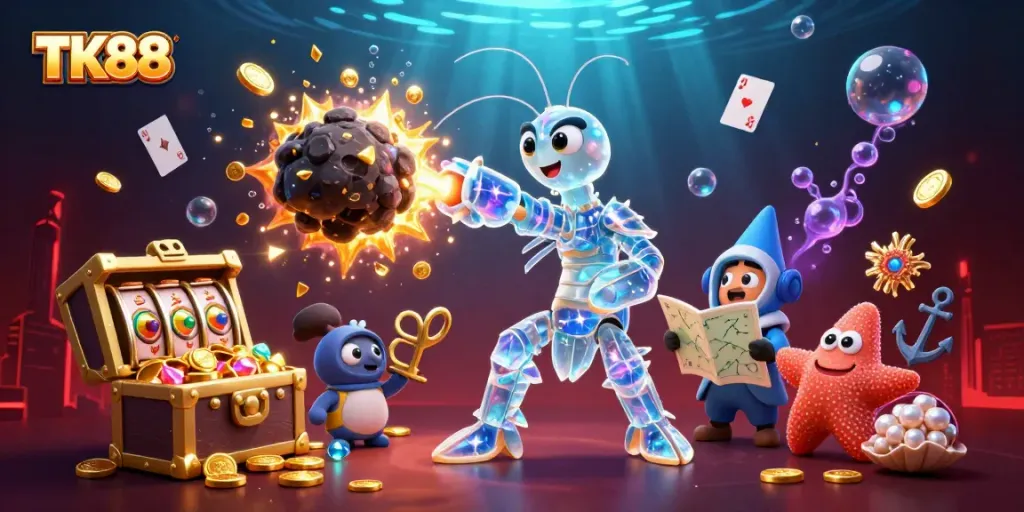 Experience thrilling wins at TK88 in this vibrant 3D casino scene filled with action and jewels.