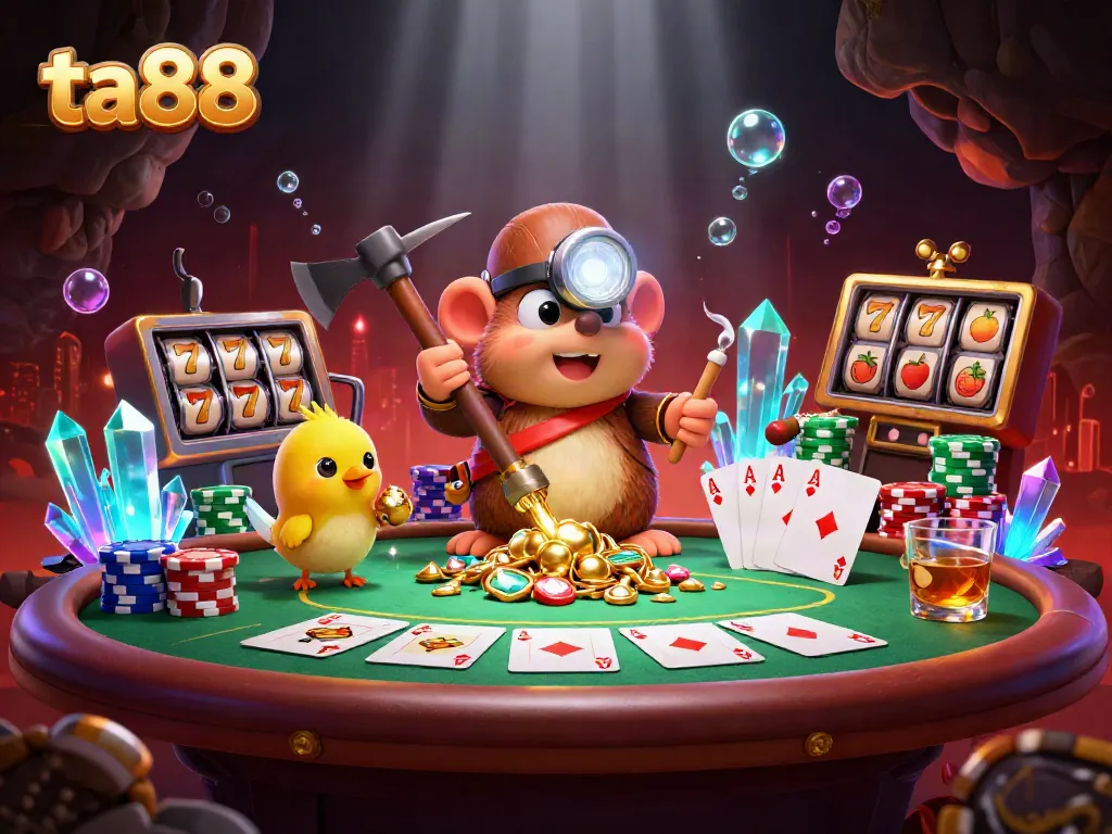 Gaming action at ta88 with a lively poker scene featuring vibrant characters and casino elements.