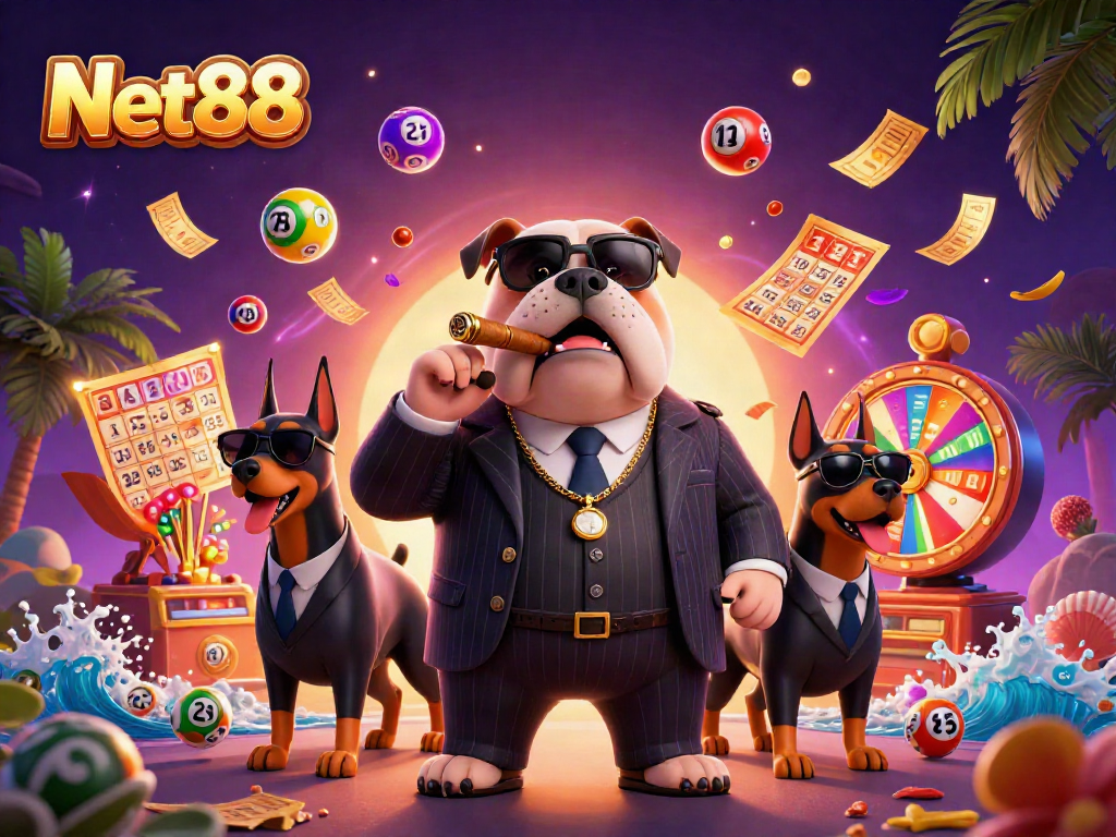 Engage with Net88's thrilling lottery experience featuring vibrant 3D elements and animated characters.