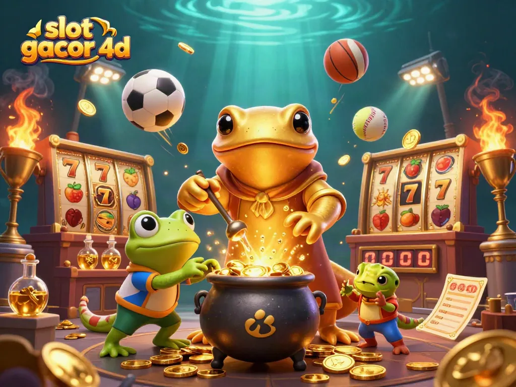 Mainkan slot gacor 4D dengan ilustrasi penuh warna dari salamander emas dan elemen permainan lainnya.