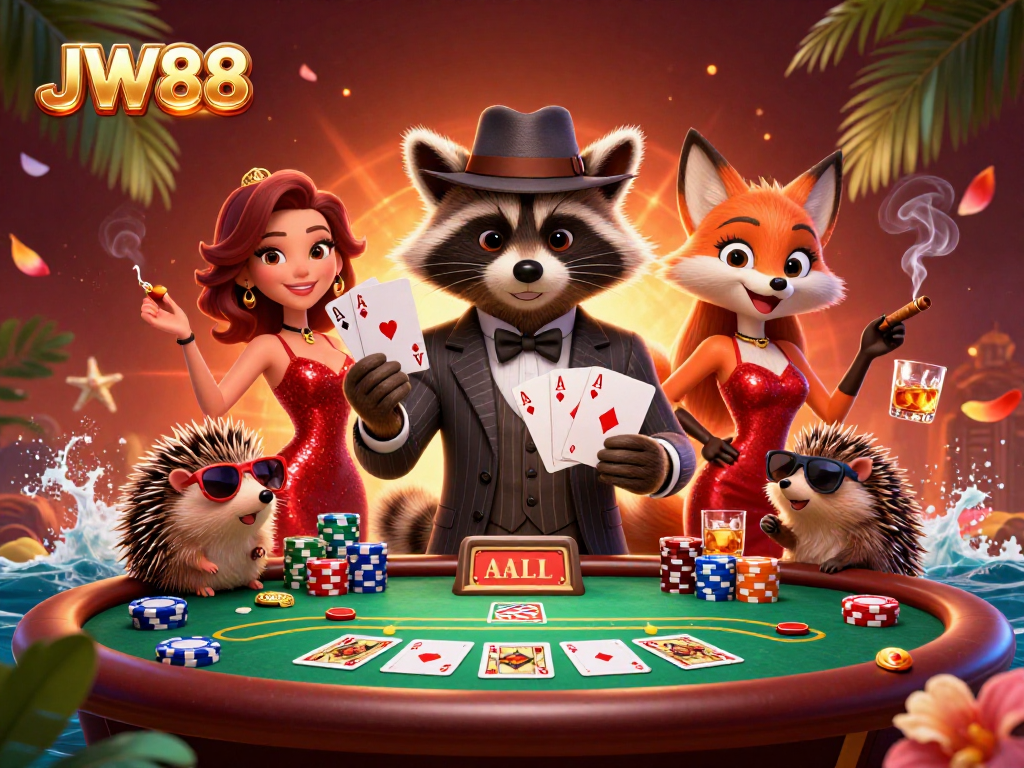 JW88 raccoon with royal flush hand at a vibrant casino table, showcasing thrilling gameplay elements.