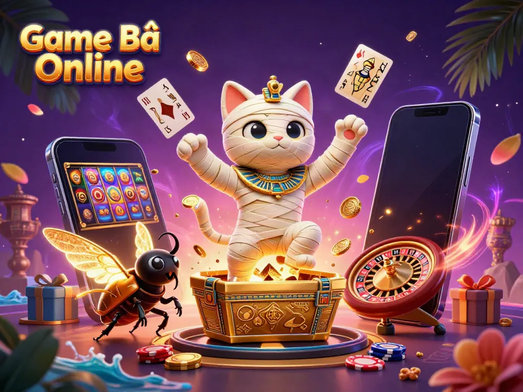 Engage in thrilling Game Bài Online action with a mummy cat and treasures in a vibrant pyramid casino scene.