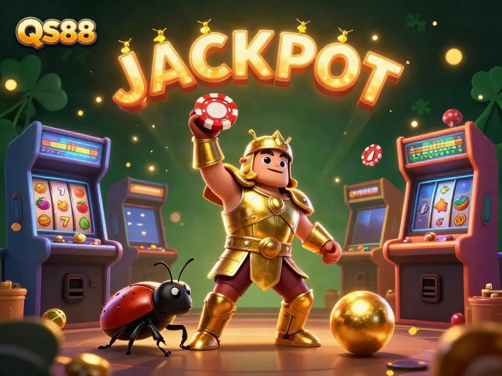 Experience thrilling moments at QS88 as a heroic beetle celebrates winning with colorful game elements and jackpot excitement.