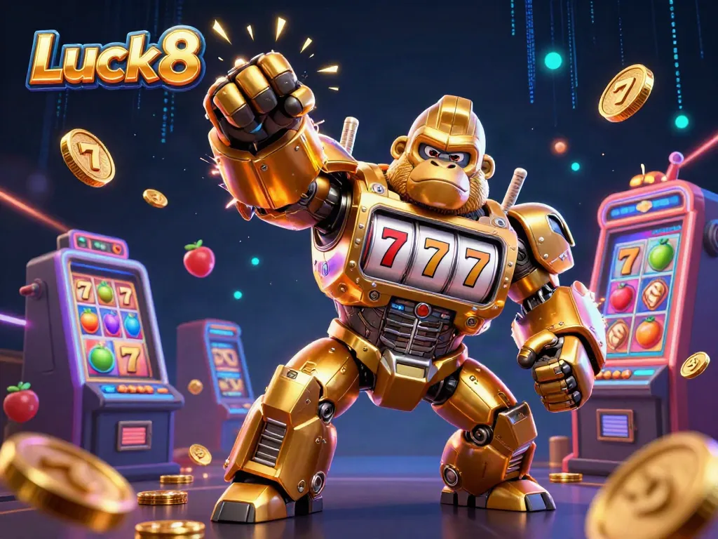 Experience exciting gaming with Luck8 illustrated through a golden gorilla mech and vibrant slot elements.