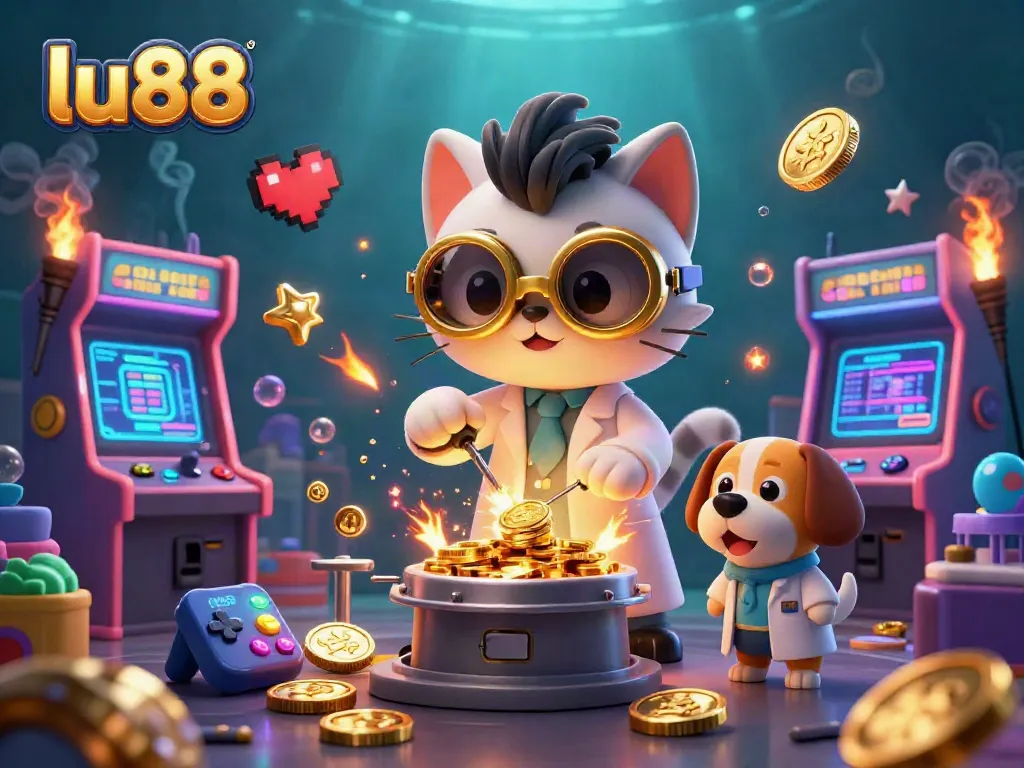 Experience lu88’s dynamic gaming scene with a whimsical mad scientist cat and an assistant dog amid vibrant casino elements.