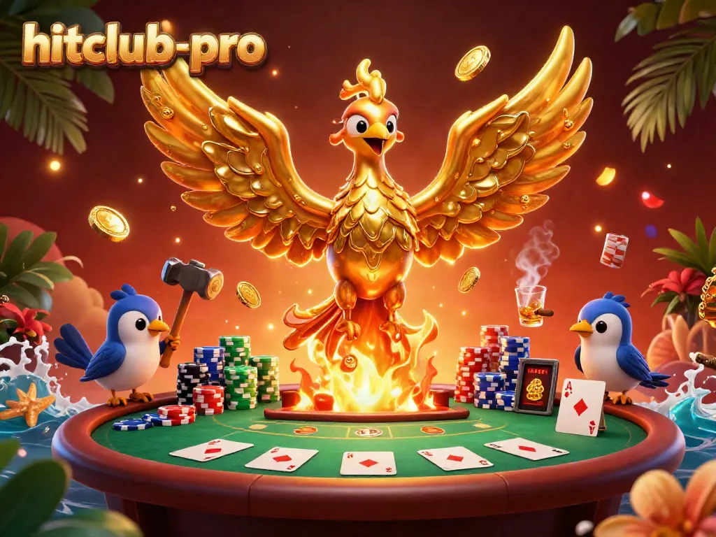 Experience the thrilling world of hitclub-pro with a vibrant phoenix and poker elements in a dynamic casino scene.