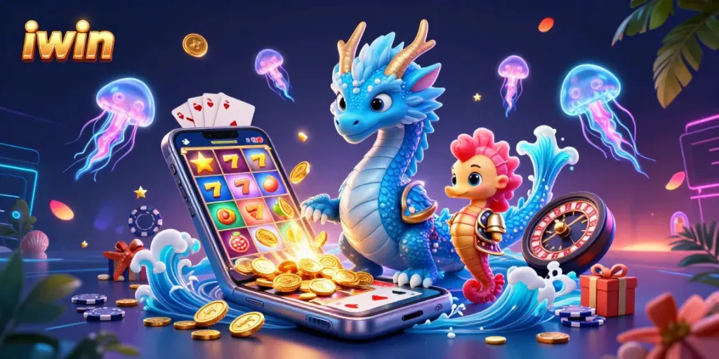 Spin thrilling iwin slots with a vibrant 3D dragon, seahorse knight, and neon jellyfish!