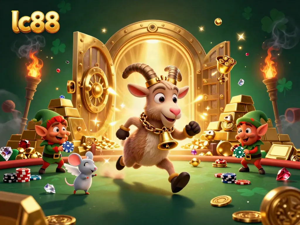 Experience the festive chaos of lc88 with gremlins stealing poker chips amidst a vibrant casino.