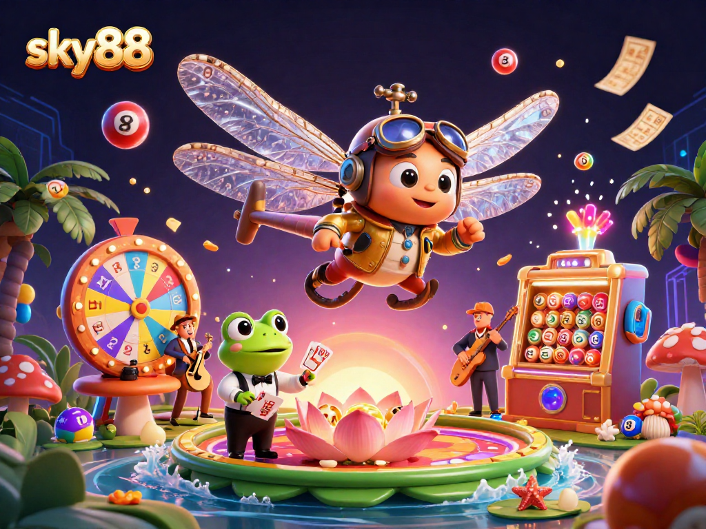 Engage with thrilling games at sky88 with a vibrant dragonfly pilot, frog croupier, and upbeat jazz band.