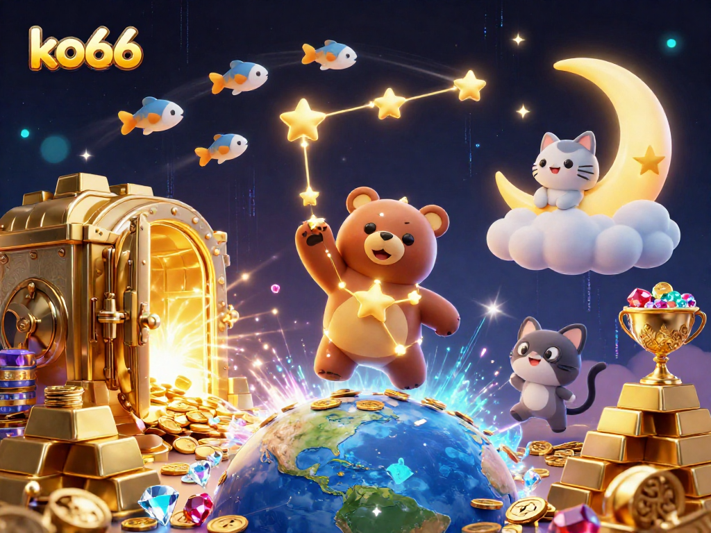 Experience thrilling wins at ko66 with a vibrant digital illustration of casino gold, jewels, and fantasy elements.