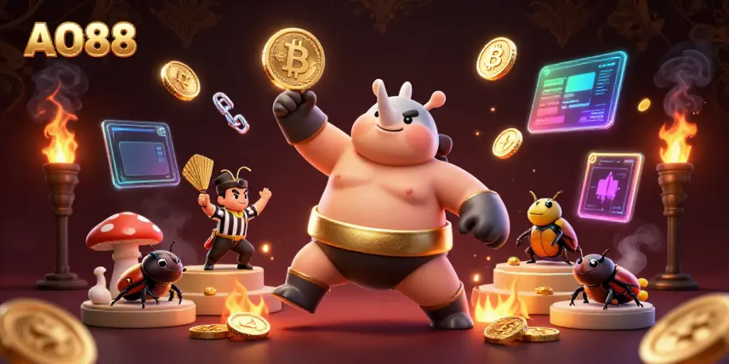 Experience thrilling AO88 action with a rhinoceros beetle sumo champion surrounded by vibrant crypto coins.