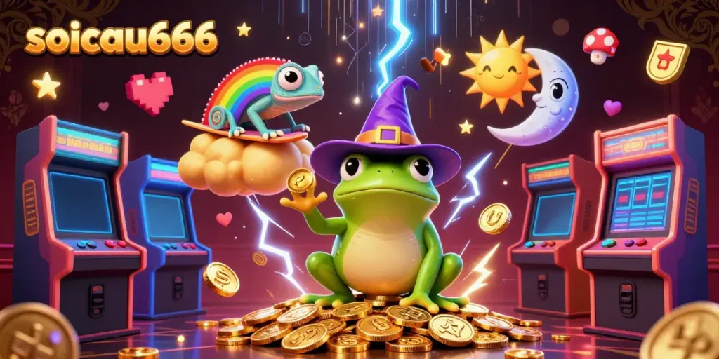 Experience the thrill of soicau666 with a vibrant scene of a wizard frog conjuring golden coins and a chameleon amidst dynamic gaming elements.