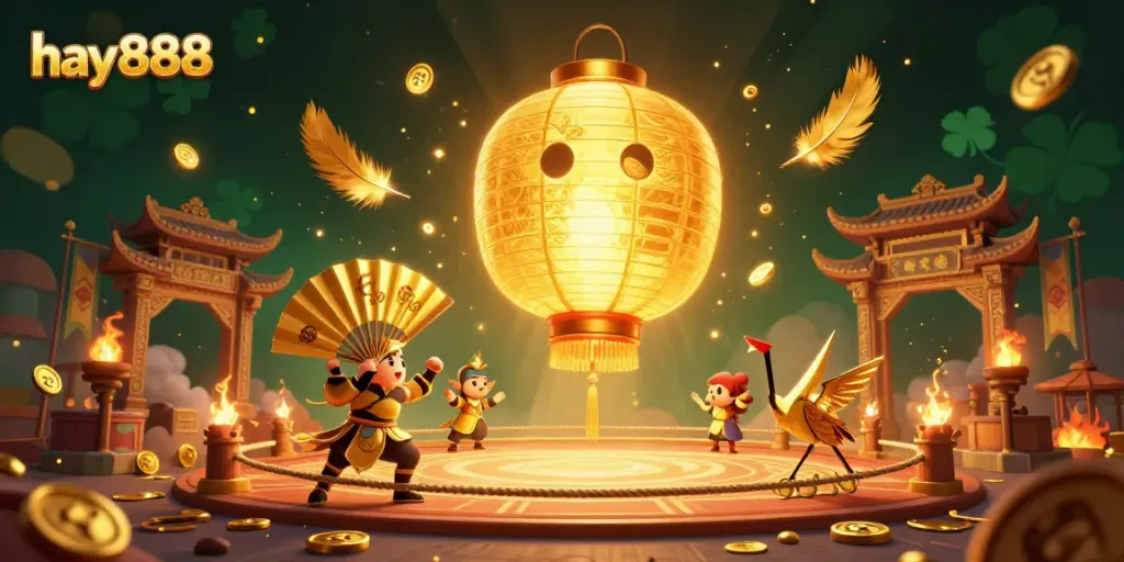 Experience the thrill of hay888 with glow of lantern spirits and warriors in a vibrant casino scene.