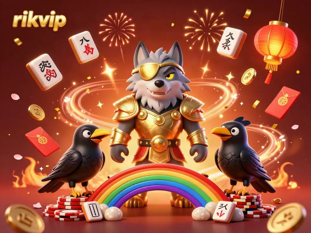 Experience rikvip's casino thrill with a vibrant 3D illustration featuring Odin and his ravens among festive gaming elements.