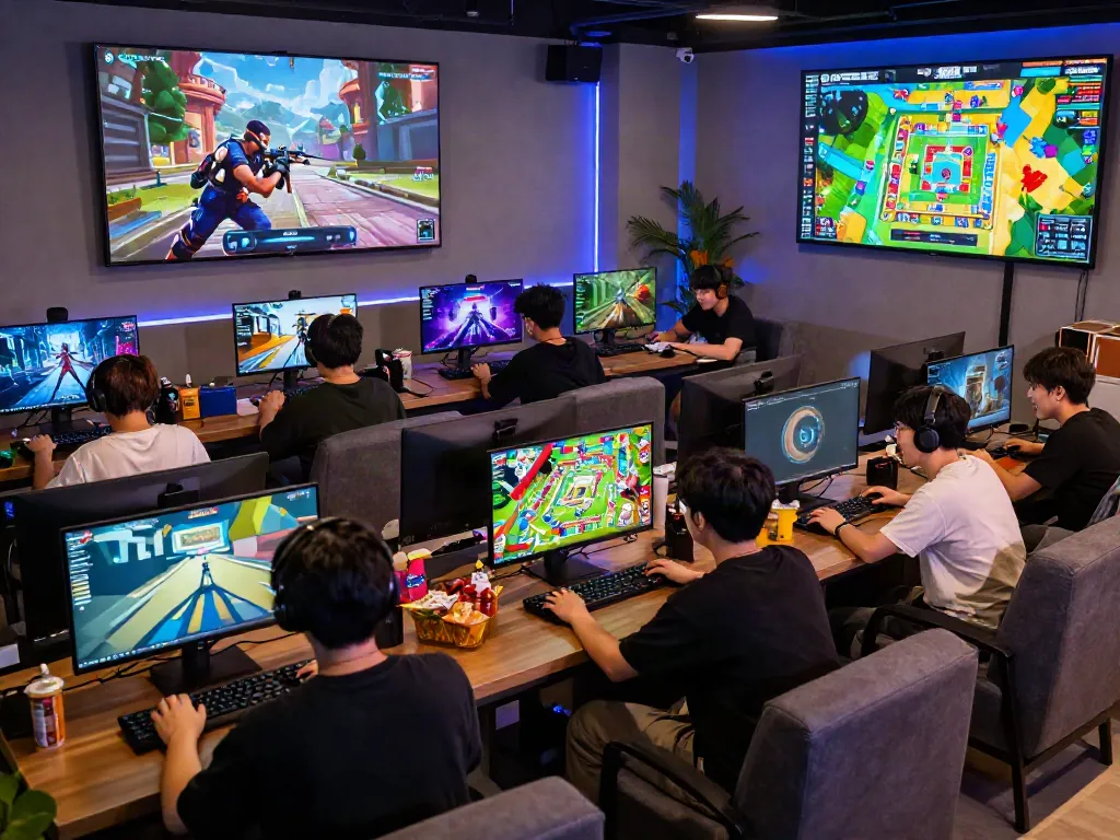 Engaged players enjoying diverse games on GARUDA404 platform in a vibrant gaming lounge environment.