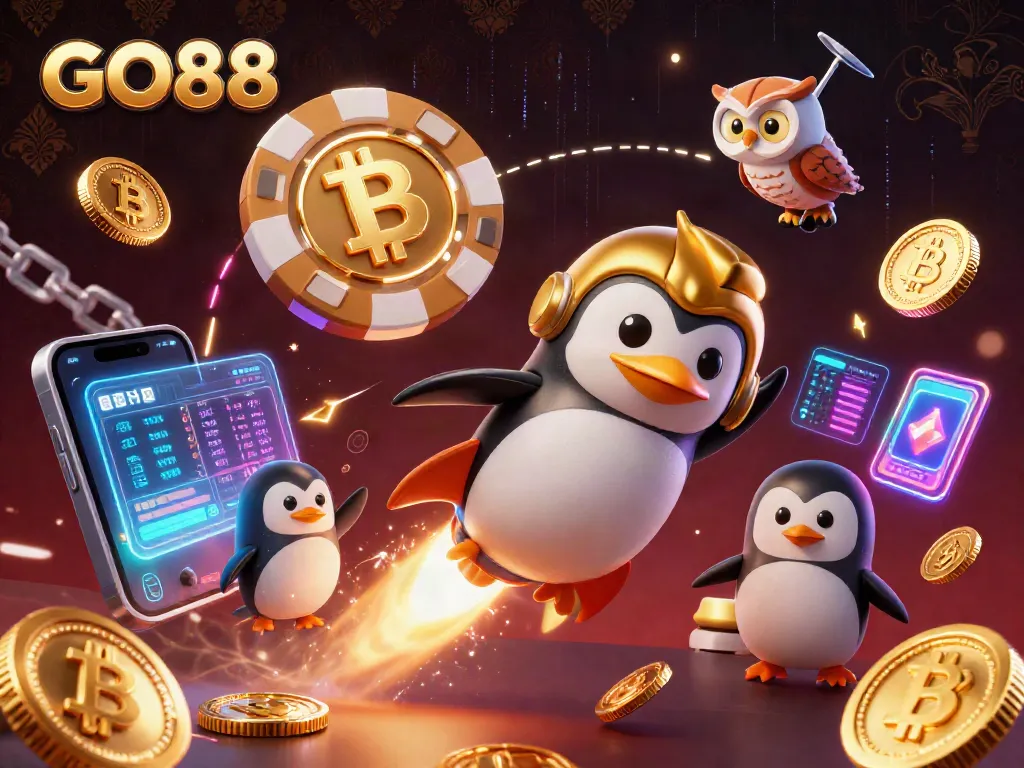Engage with GO88’s thrilling gameplay as a golden penguin blasts through a cosmic casino adventure.