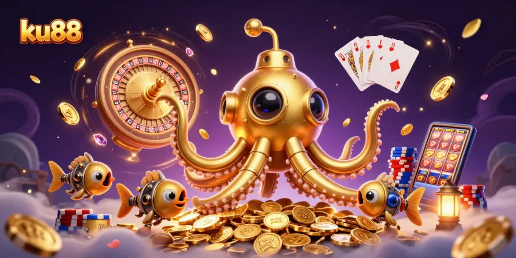 Experience thrilling wagering action with ku88 as a golden kraken submarine emerges from coins.