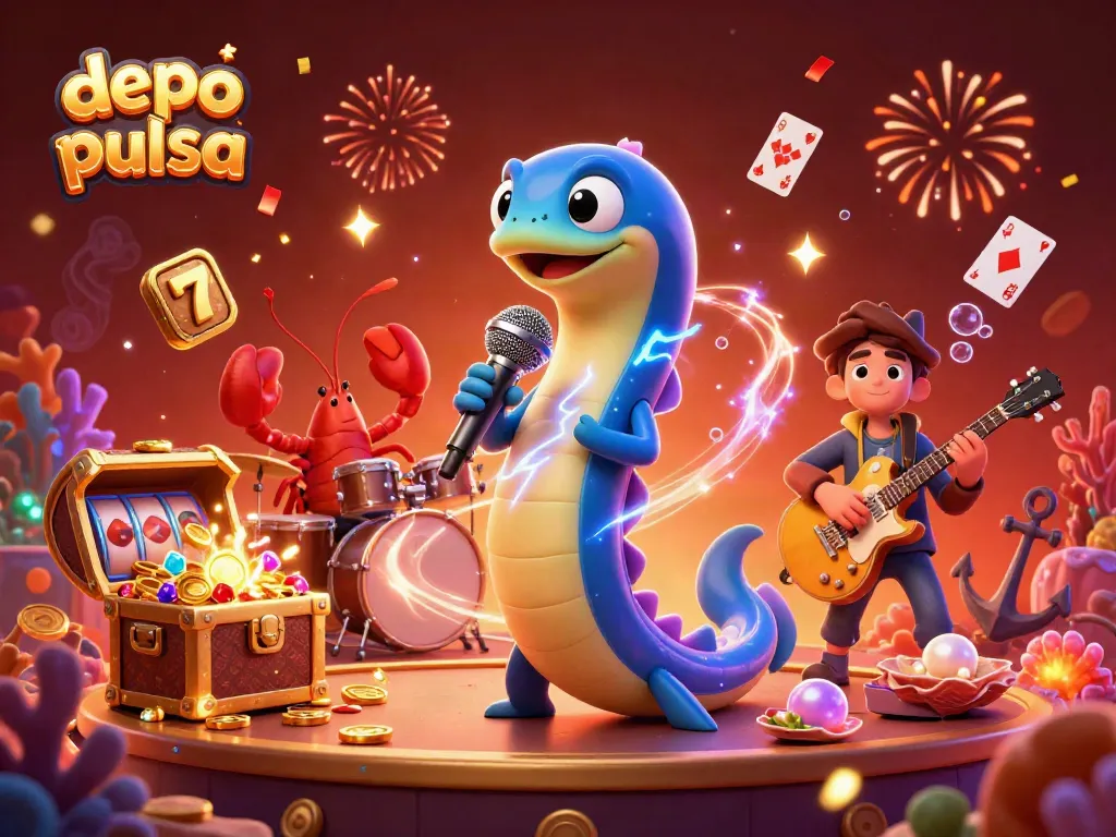 Engaging underwater casino scene featuring depo pulsa action with electric eel DJ and vibrant gaming elements.