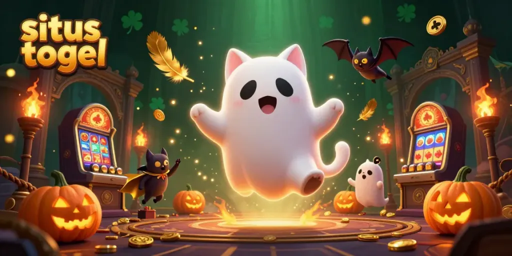 Play the situs togel with a ghost cat, vampire bat, and glowing jack-o-lanterns in a haunted casino.