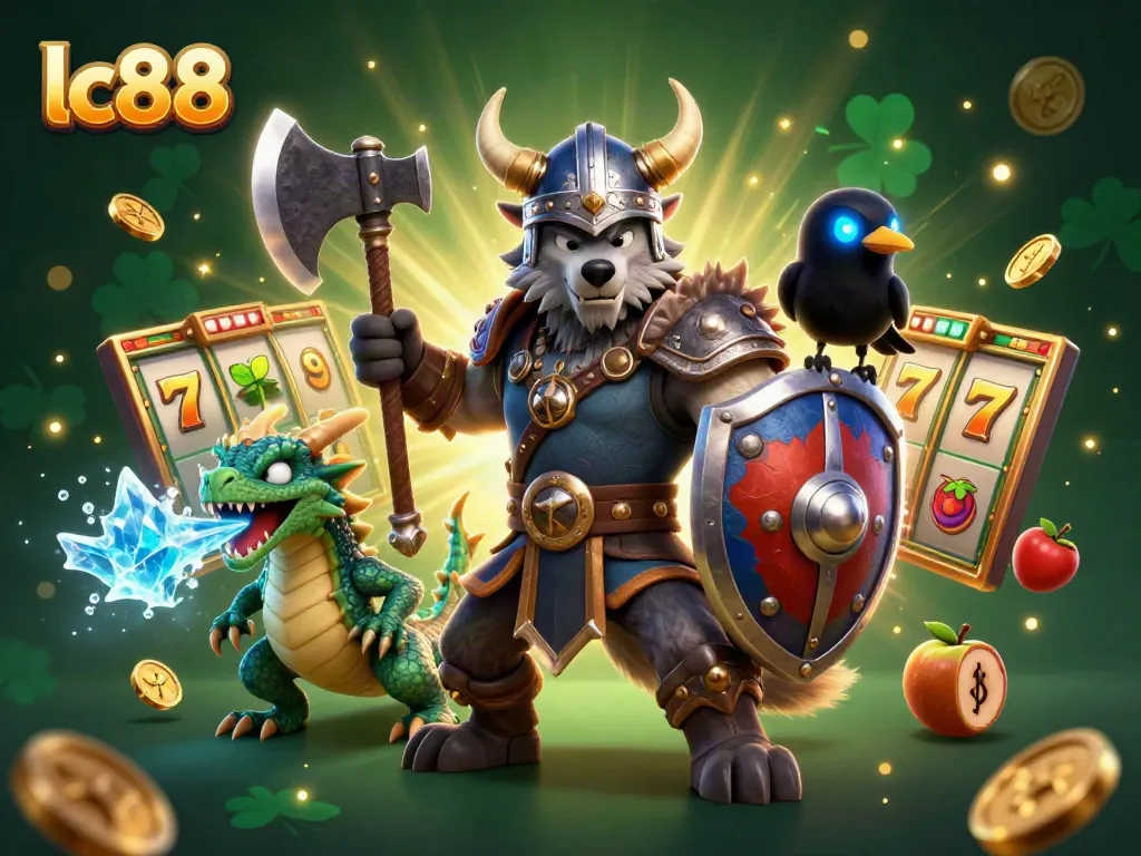Engaging lc88 casino scene featuring a Viking wolf warrior, a dragon, and a raven amidst dynamic slot elements.